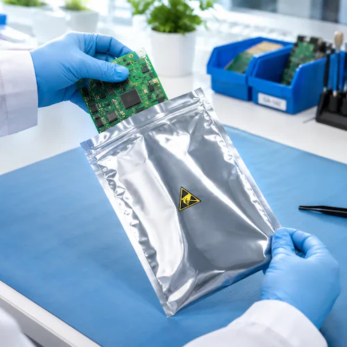 Technician sliding a circuit board into a silver static shielding ESD bag at an electronics bench