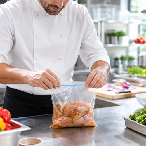 Restaurant cook sealing a clear reclosable zipper bag of prepped food on a commercial kitchen counter