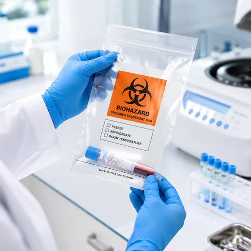 Gloved lab technician holding a biohazard specimen transport bag with a blood sample tube inside