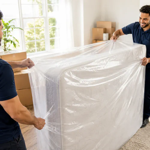 Movers sliding a clear plastic mattress bag over a mattress in a bedroom on moving day