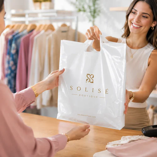 Store associate handing a printed shopping bag to a customer at a boutique checkout counter
