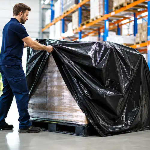 Warehouse worker pulling a black pallet cover over a stacked pallet in a distribution center