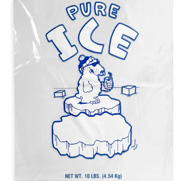 10 lb Ice Bags Plain Top On Wicket PURE ICE Print Close up of 10 lb Ice Bags Plain Top On Wicket PURE ICE Print