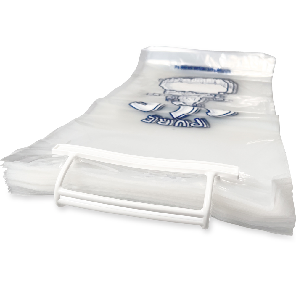 Close up of 10 lb Ice Bags with Plastic Wicket PURE ICE Wicket