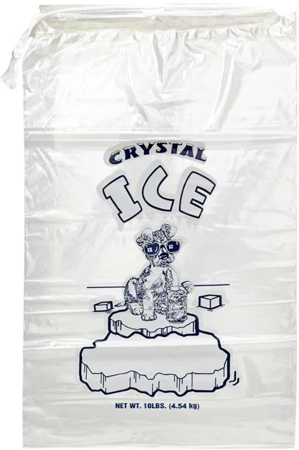 10 lb Crystal Ice Icebags with Drawstring Front Front of 10 lb. Crystal Ice Drawstring Ice Bags