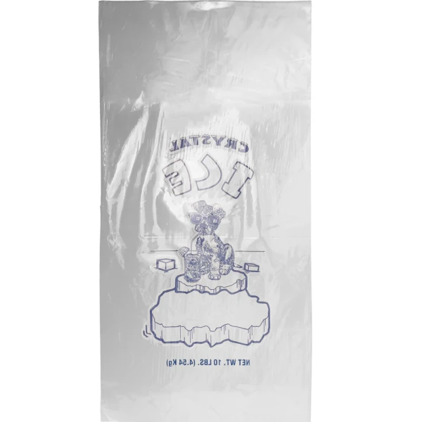 10 lb Open Top Ice Bags Crystal Ice Bags - 500/Case Back Back of 10 lb. Plastic Ice Bags Crystal Ice -500 Bags Per Case