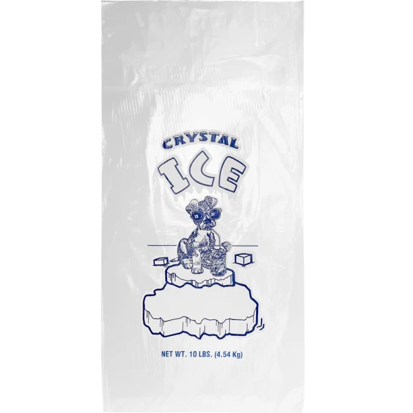 10 lb Open Top Ice Bags Crystal Ice Bags - 500/Case Front Front of 10 lb. Plastic Ice Bags Crystal Ice -500 Bags Per Case