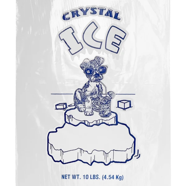 10 lb Open Top Ice Bags Crystal Ice Bags - 500/Case Print Close up of Print on 10 lb. Plastic Ice Bags Crystal Ice -500 Bags Per Case