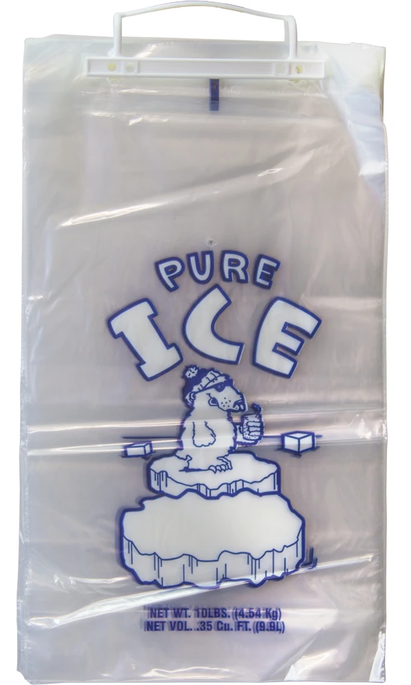10 lb PURE ICE Ice Bag on Wickets with Polar Bear graphic 10 lb PURE ICE Ice Bag on Wickets with Polar Bear graphic