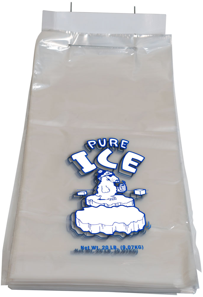 20 lb Wicketed Plain Top "PURE ICE" Plastic Ice Bags 13.5 x 28 + 4