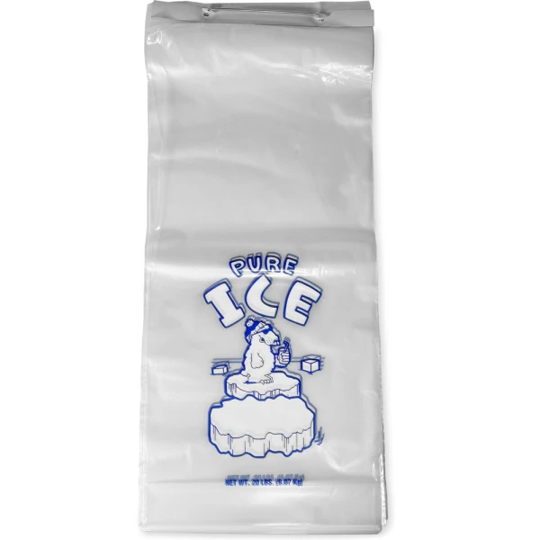 20 lb Ice Bags Plain Top On Wicket PURE ICE 20 lb. Wicketed Plain Top PURE ICE Plastic Ice Bags 13.5 x 28 + 4 BG .002