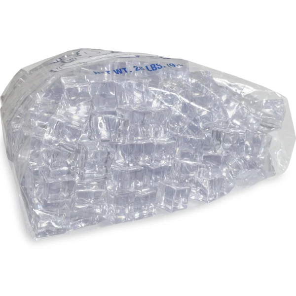 20 lb Ice Bags Plain Top On Wicket PURE ICE Bottom Gusset Close up of 20 lb. Wicketed Plain Top PURE ICE Plastic Ice Bag 13.5 x 28 + 4 BG .002 Bottom Gusset