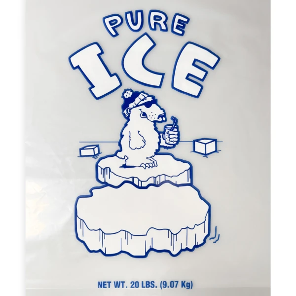20 lb Ice Bags Plain Top On Wicket PURE ICE Print Close up of Print on Front of 20 lb. Wicketed Plain Top PURE ICE Plastic Ice Bags 13.5 x 28 + 4 BG .002