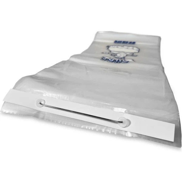 20 lb Ice Bags Plain Top On Wicket PURE ICE Wicket Close up of 20 lb. Wicketed Plain Top PURE ICE Plastic Ice Bags 13.5 x 28 + 4 BG .002 Wicket