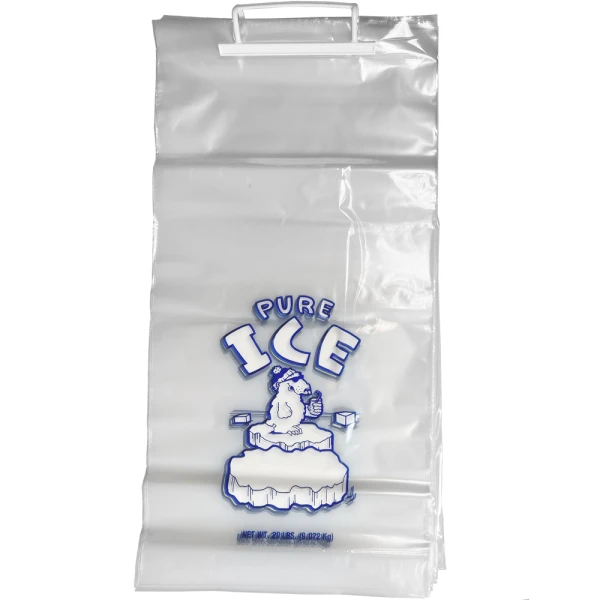 20 lb Plastic Wicket Ice Bags PURE ICE Front Front of 20 lb Ice Bags with Plastic Wicket PURE ICE