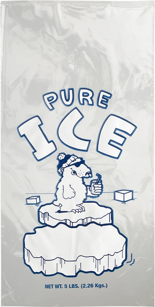 5 lb Ice Bags PURE ICE - 9 x 18 Flat Front 5 lb. Plastic Ice Bags PURE ICE Polar Bear Flat Front