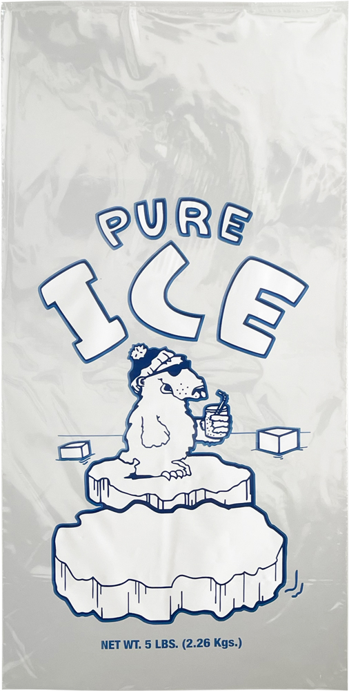 5 lb Ice Bags PURE ICE - 9 x 18 Flat Front 5 lb. Plastic Ice Bags PURE ICE Polar Bear Flat Front