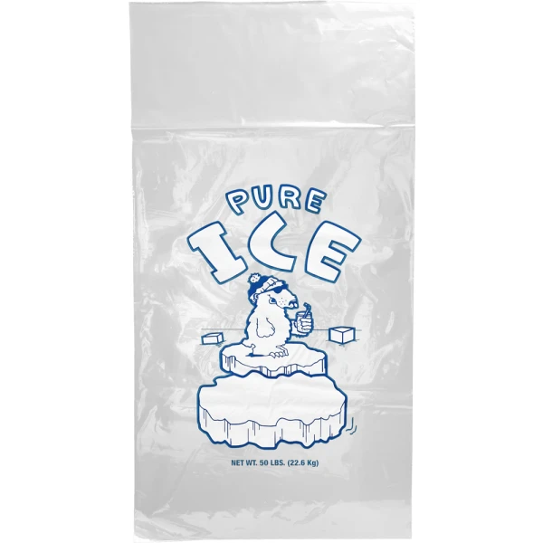 50 lb Heavy Duty Printed Plastic Ice Bag Pure Ice Front of 18 x 36 PURE ICE Ice Cube Bag