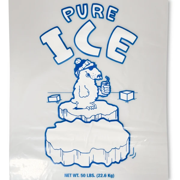 50 lb Heavy Duty Printed Plastic Ice Bag Pure Ice Print Close up of Print on front of 18 x 36 PURE ICE Ice Cube Bag
