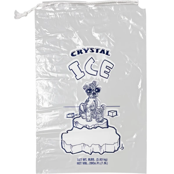 8 lb "Crystal Ice" Drawstring Ice Bag Front Front of 8 lb. "Crystal Ice" Drawstring Ice Bags