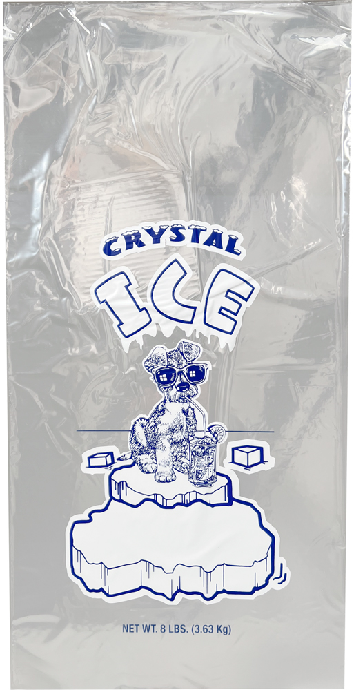 8 lb Open Top Ice Bags Crystal Ice Bags Front Front of 8 lb. Plastic Ice Bags and Ties - CRYSTAL ICE Dog Print