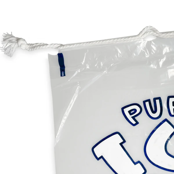 8 lb Pure Ice Drawstring Ice Bag Drawsting Close up of 8 lb. Pure Ice Drawstring Ice Bag Drawstring