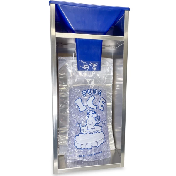 8lb - 10 lbs. Ice Bagger Dispenser with Bagged Ice Bag of Ice in 8-10# Ice Bagger