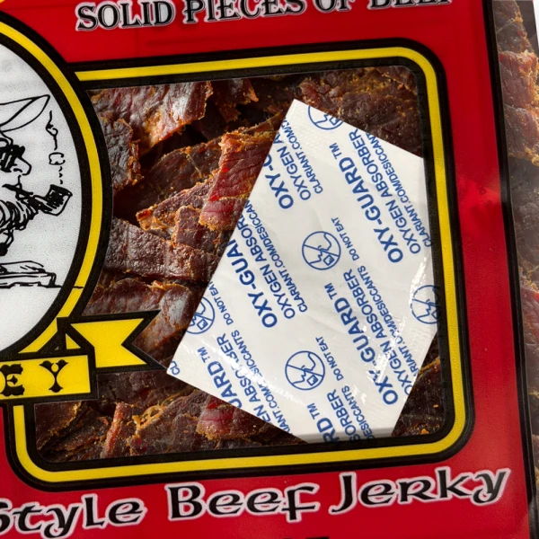 Oxy-Guard Oxygen Absorbing Packets 100cc in Beef Jerky Bag Oxy-Guard Oxygen Absorbing Packets 100cc in Beef Jerky Bag