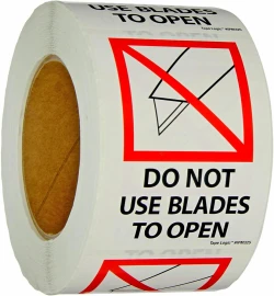3" x 4" "DO NOT USE BLADES TO OPEN" - International Safe Handling Label