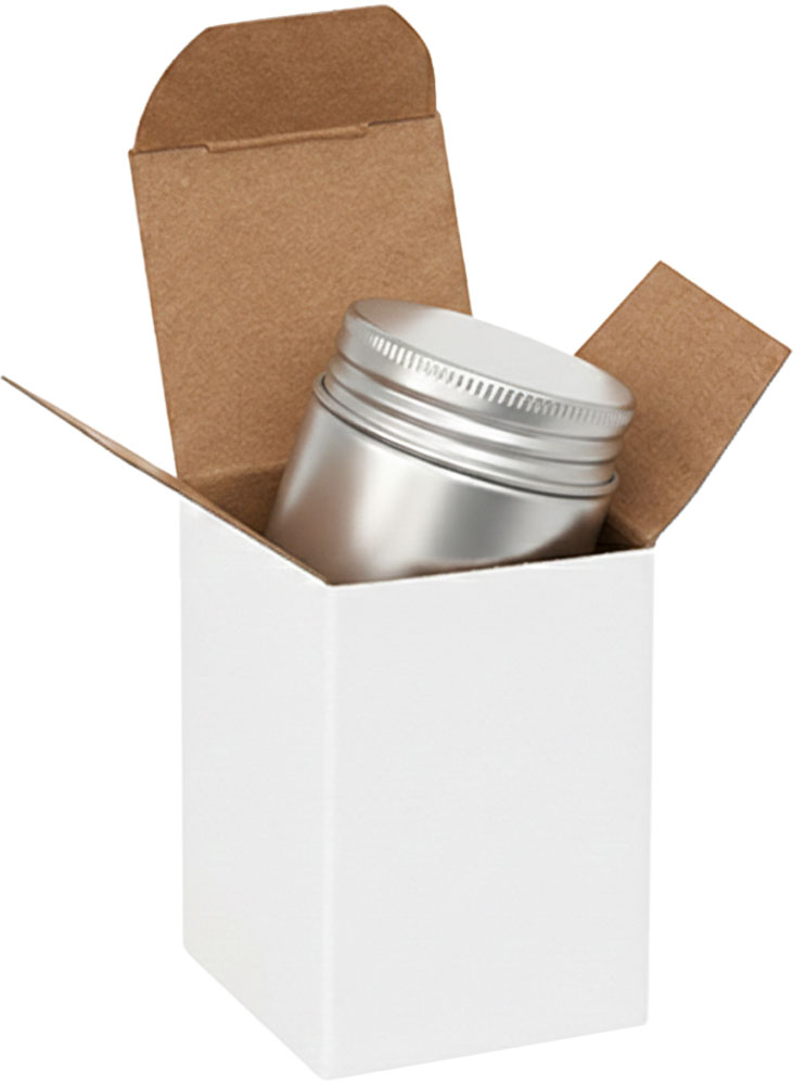 1 1/2 x 1 1/2 x 2 1/4 White Reverse Tuck Mailers with Metal Container