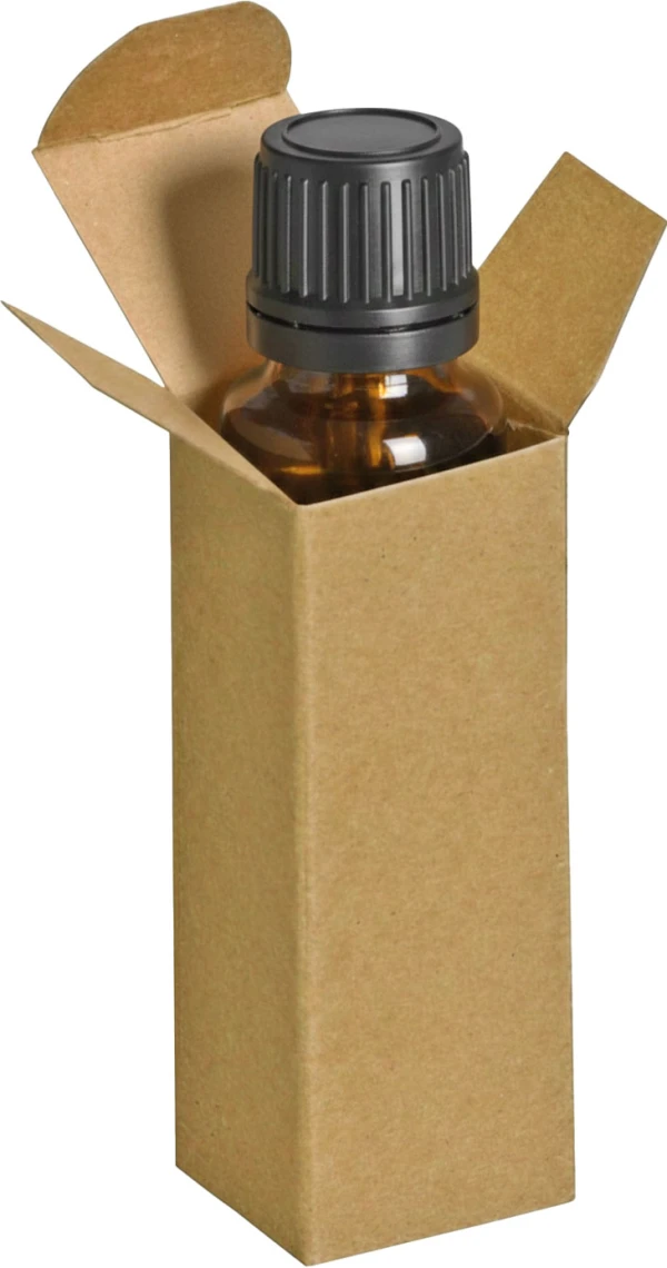 1 1/2 x 1 1/2 x 4 Kraft Reverse Tuck Mailers with Amber Rx Bottle 1 1/2 x 1 1/2 x 4 Kraft Revers with Amber Essential Oil Bottle
