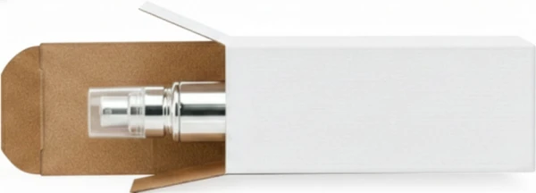 1 1/2 x 1 1/2 x 4 White Reverse Tuck Folding Carton with Travel Purfume Bottle Travel Perfume Bottle Inside of White Reverse Tuck Folding Mailers - 1 1/2 x 1 1/2 x 4