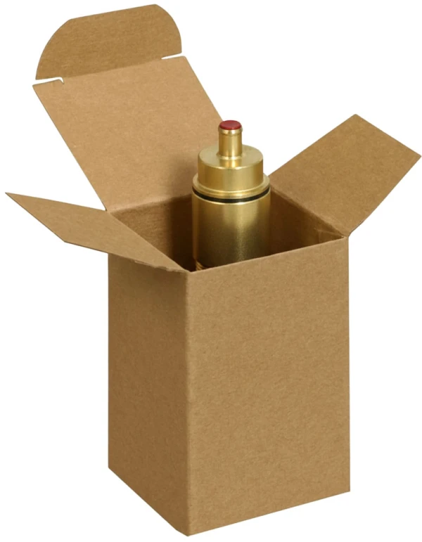 2 x 2 x 3 Kraft Reverse Tuck Folding Cartons Holding a Brass Shut Off Valve Brass Shut Off Valve in a 2 x 2 x 3 Kraft Reverse Tuck Folding Cartons