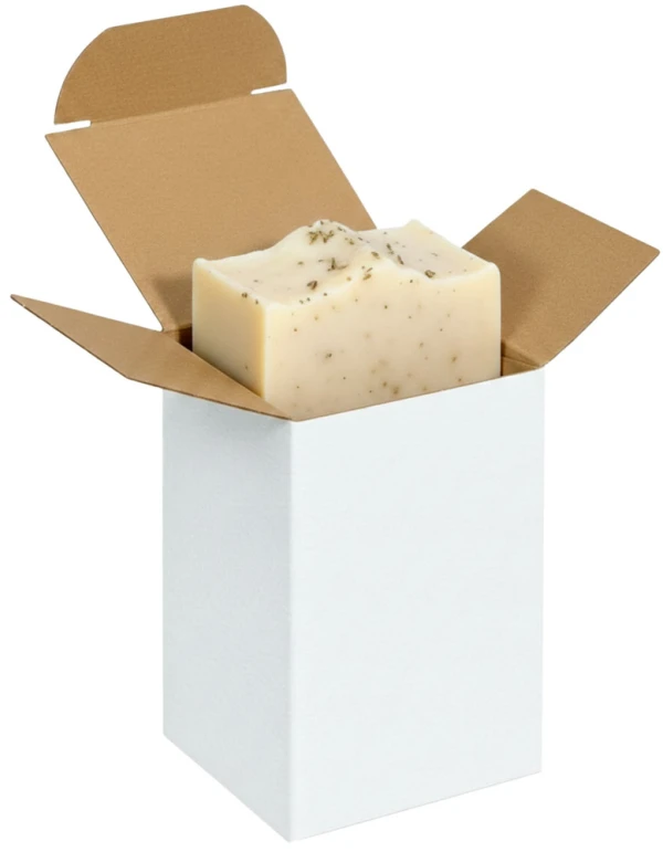 2" x 2" x 3" White Reverse Tuck Folding Cartons with Bar of Artisian Soap Bar of Specialty Soap in 2 x 2 x 3 White Reverse Tuck Mailers