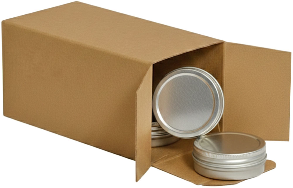 Metal Tins inside of a 2 x 2 x 4 Kraft Reverse Tuck Folding Cartons