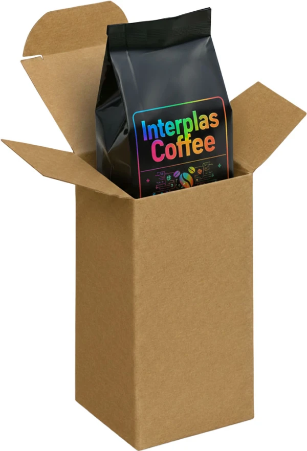 2 1/2 x 2 1/2 x 4 Kraft Reverse Tuck Folding Cartons with 4 Oz Taster Bag $ ounce Sample Coffe Bag in a 2 1/2 x 2 1/2 x 4 Kraft Reverse Tuck Folding Cartons