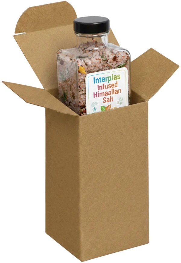2 1/2 x 2 1/2 x 4 Kraft Reverse Tuck Folding Carton with Himalayan Sea Salt Himalayan Sea Salt Bottle In a 2 1/2 x 2 1/2 x 4 Kraft Reverse Tuck Folding Cartons