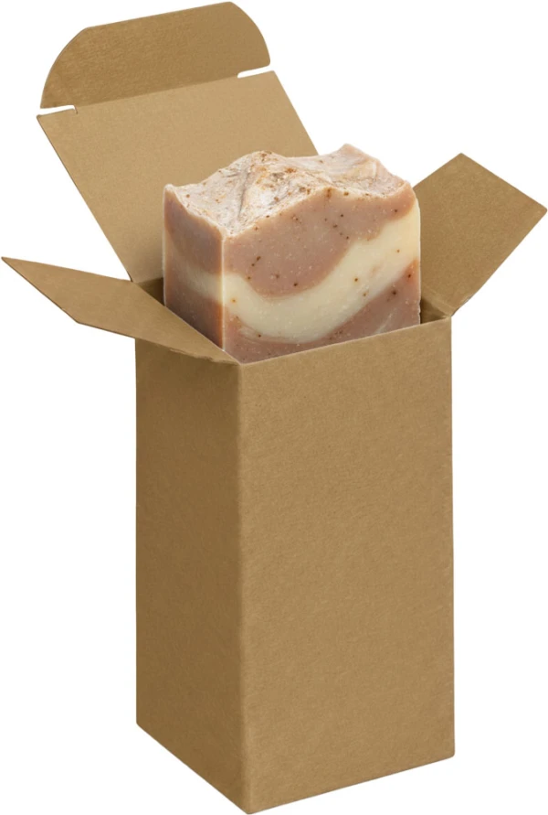 2 1/2 x 2 1/2 x 4 Kraft Reverse Tuck Folding Carton with a Bar of Cold Process Soap Bar of Cold Process Soap Inside of a 2 1/2 x 2 1/2 x 4 Kraft Reverse Tuck Folding Cartons