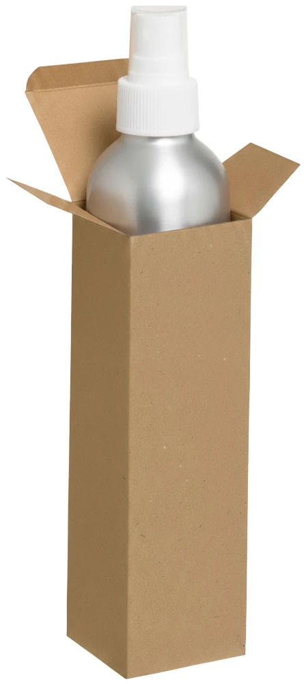 2 1/2 x 2 1/2 x 8 Kraft Reverse Tuck Folding Cartons with Aluminum Spray Bottle Aluminum Spray Bottle inside of 2 1/2 x 2 1/2 x 8 Kraft Reverse Tuck Folding Cartons