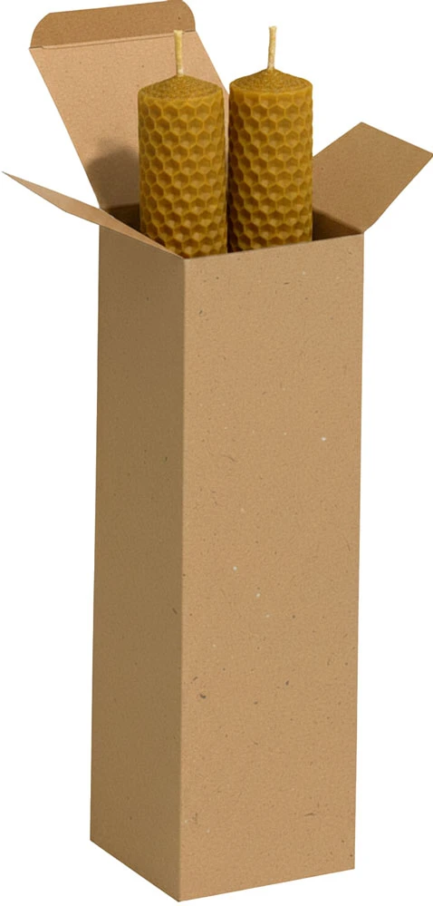 2 1/2 x 2 1/2 x 8 Kraft Reverse Tuck Folding Carton With a Pair of Bees Wax Candles Pair of Bees Wax Candles in a 2 1/2 x 2 1/2 x 8 Kraft Reverse Tuck Folding Cartons