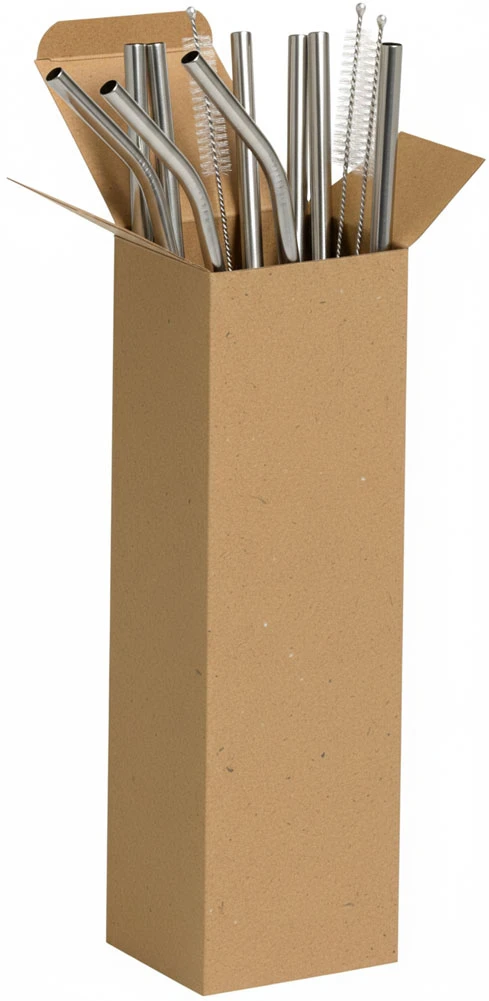 2 1/2 x 2 1/2 x 8 Kraft Reverse Tuck Folding Carton Containing Stainless Steel Straws Stainless Steel Straws in a 2 1/2 x 2 1/2 x 8 Kraft Reverse Tuck Folding Cartons
