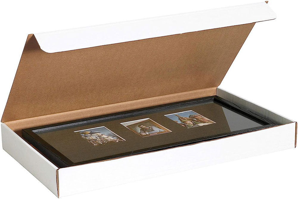 White 23 x 13 x 2.5 literature mailer with picture frame