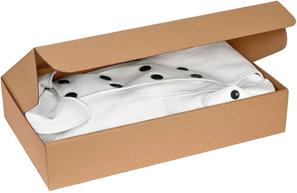 Kraft 24.5x14.25x4.5 garment mailer protecting White Jacket