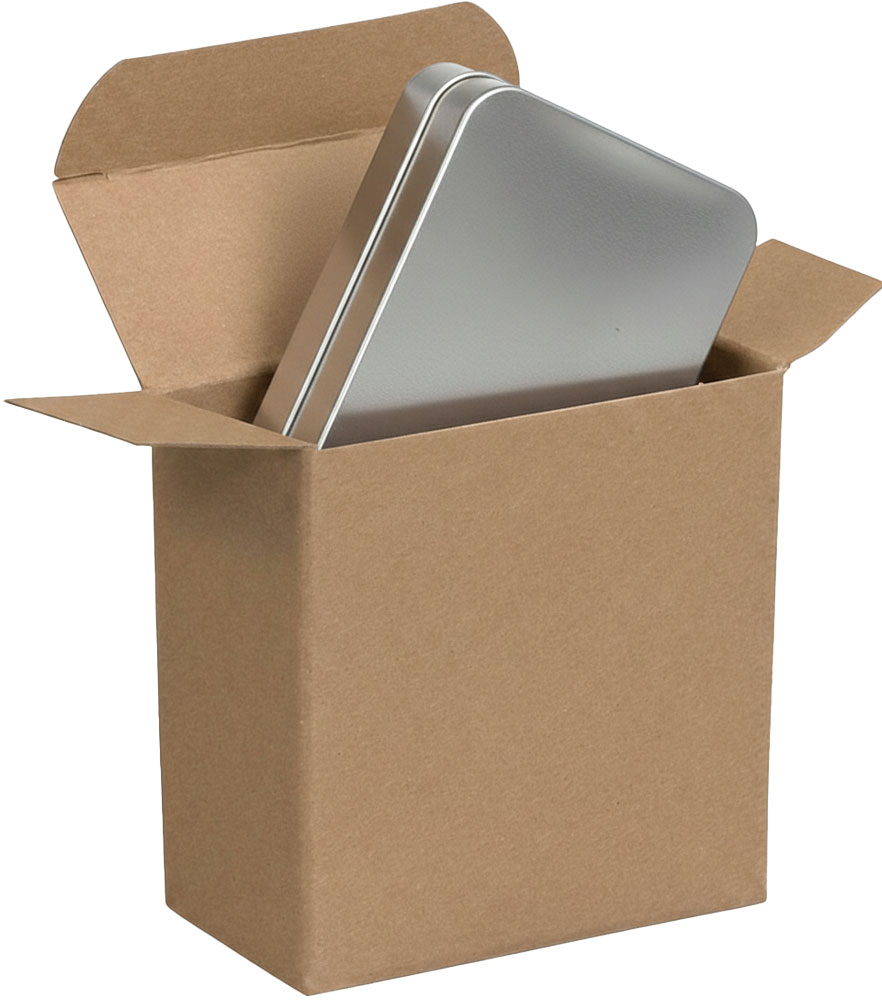 Metal Tea Tin inside of a 3 x 2 x 3 Kraft Reverse Tuck Folding Cartons