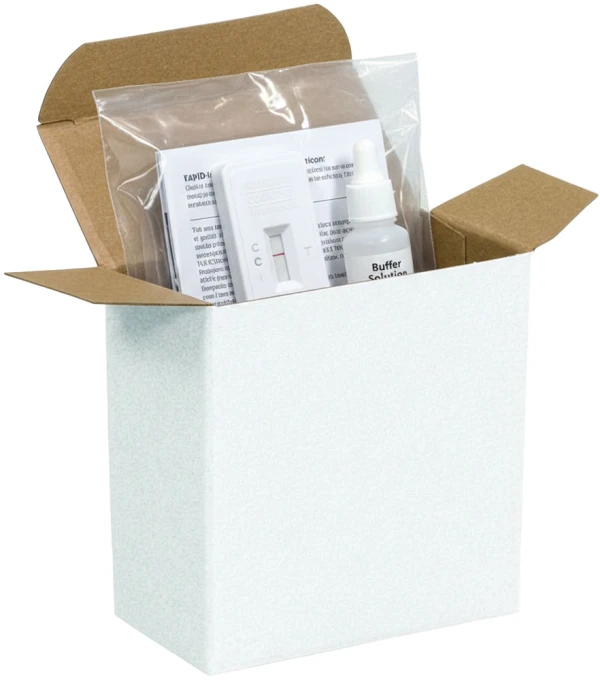 2 x 3 x 3 White Reverse Tuck Folding Carton with a Rapid Test Kit Bundle Rapid Test Kit Bundle Inside of a White Reverse Tuck Folding Mailers - 3 x 2 x 3