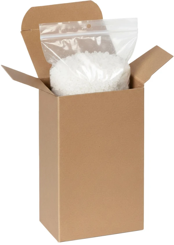 3 x 2 x 5 Kraft Reverse Tuck Folding Carton Containing a Hang Hole Clearzip Bag with Specialty Bath Salts Hang Hole Clearzip Bag with Specialty Bath Salts in a 3 x 2 x 5 Kraft Reverse Tuck Folding Cartons
