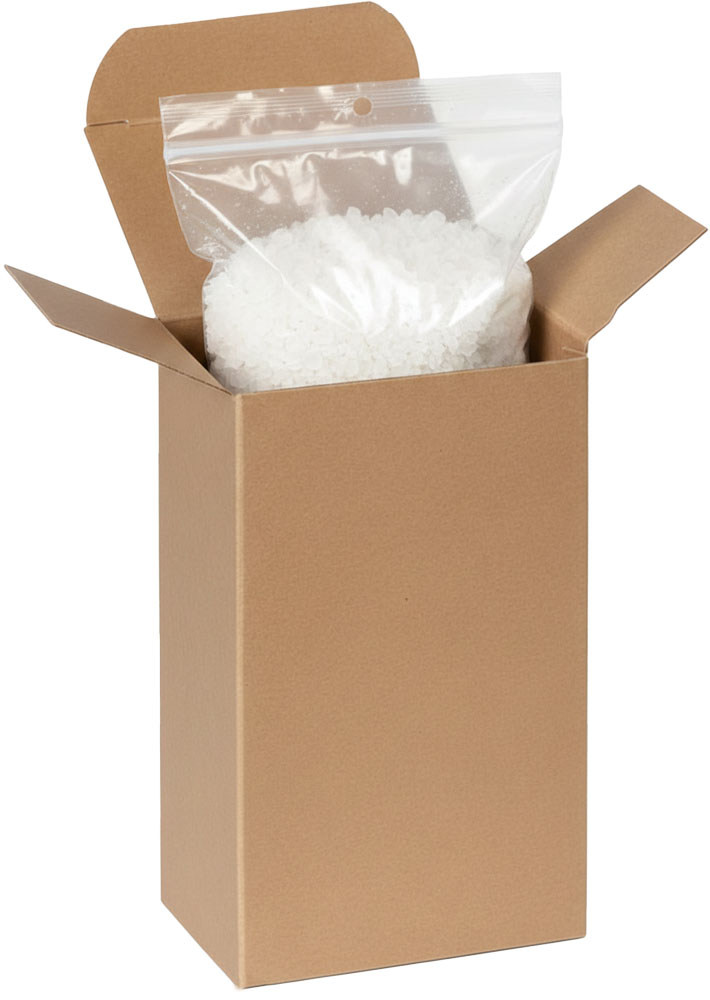 Hang Hole Clearzip Bag with Specialty Bath Salts in a 3 x 2 x 5 Kraft Reverse Tuck Folding Cartons
