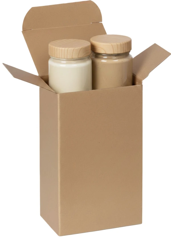 3 x 2 x 5 Kraft Reverse Tuck Folding Carton with Glass Jars of Hair Care Products Glass Jars of Hair Care Products in a 3 x 2 x 5 Kraft Reverse Tuck Folding Cartons