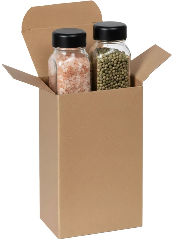 3 x 2 x 5 Kraft Reverse Tuck Folding Cartons with Speciallty Spices in Glass Jars Speciallty Spices in Glass Jars in a 3 x 2 x 5 Kraft Reverse Tuck Folding Cartons