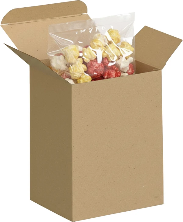 3 x 2 1/2 x 4 Kraft Reverse Tuck Folding Carton with Bag of Popcorn Bag of Popcorn inside of a 3 x 2 1/2 x 4 Kraft Reverse Tuck Folding Cartons